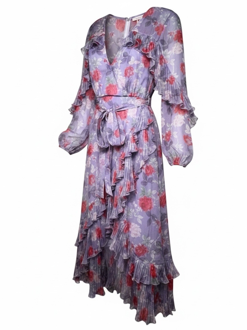 La Maison Talulah Femme Floral Wrap Midi Dress Purple Ruffle Wedding Guest Sz M